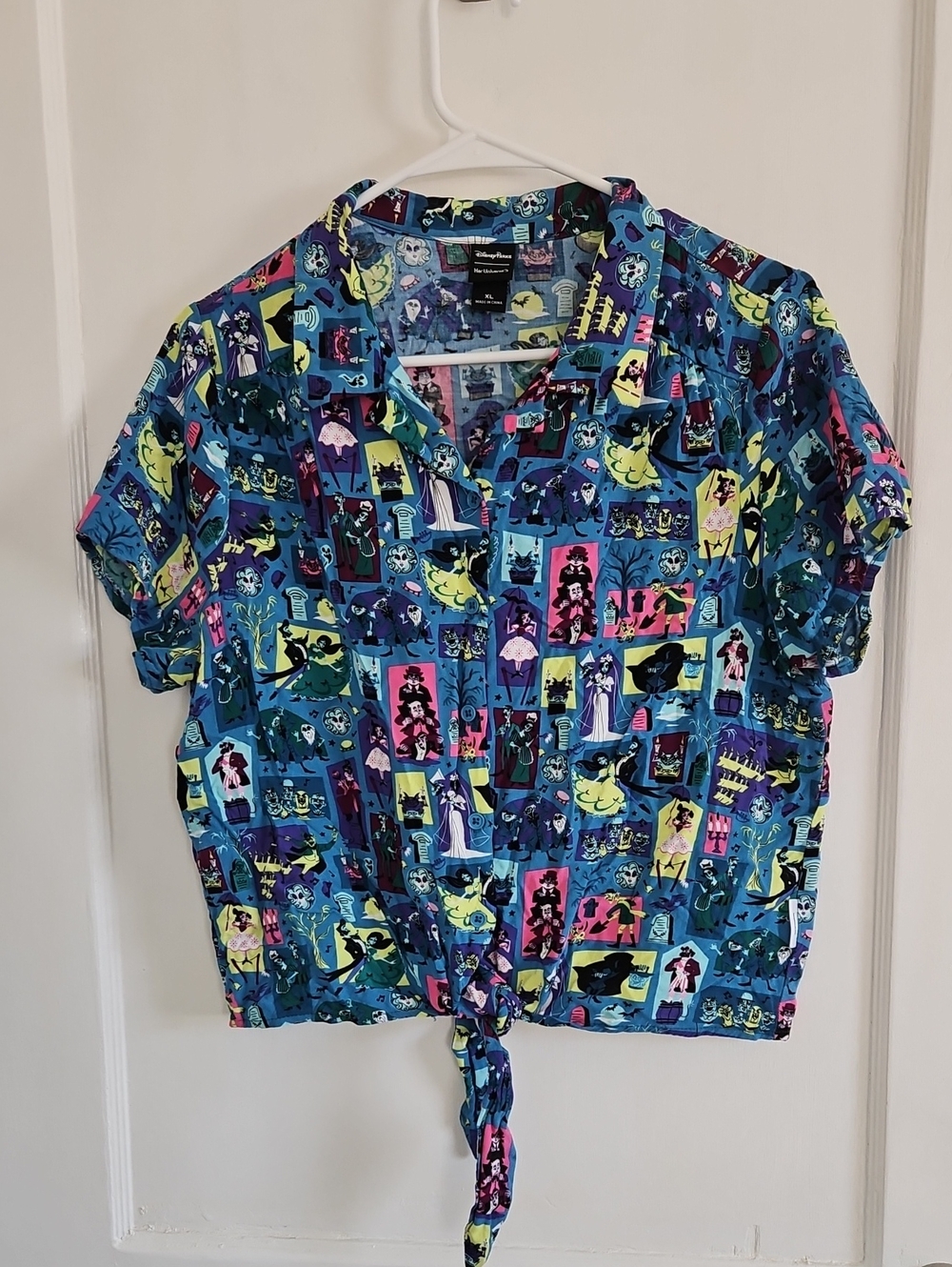 Disney Haunted Mansion Blue Multicolor Short-Sleeve Tie-Front Button-Down Shirt
